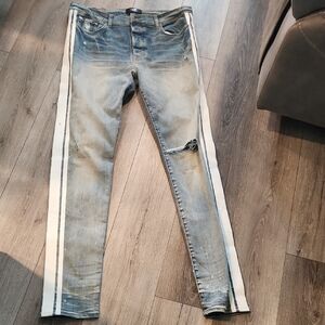 AMIRI Blue and White Skinny Jeans with Distressed Details